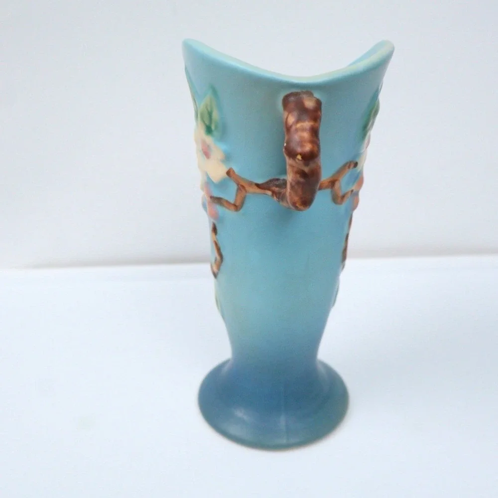 Roseville Vintage Pottery Apple Blossom Vase Shape 382-7 Aqua Blue